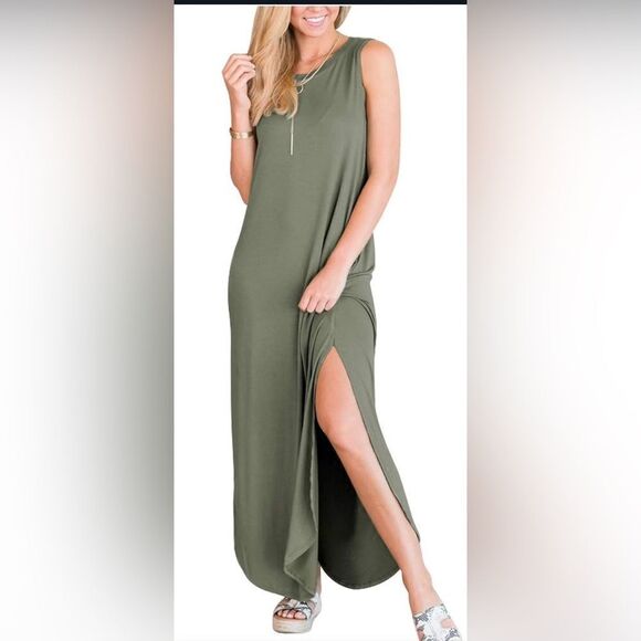 Casual Loose Sundress Long Dress Sleeveless Split Maxi Dresses Dress with Pocket - Picture 1 of 5